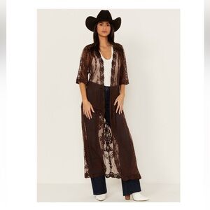 Long, brown, lace, duster from Francesca’s. Size S